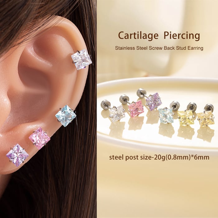 1 Piece Square Titanium Steel Zircon Women's Piercing Earrings h5Picture5