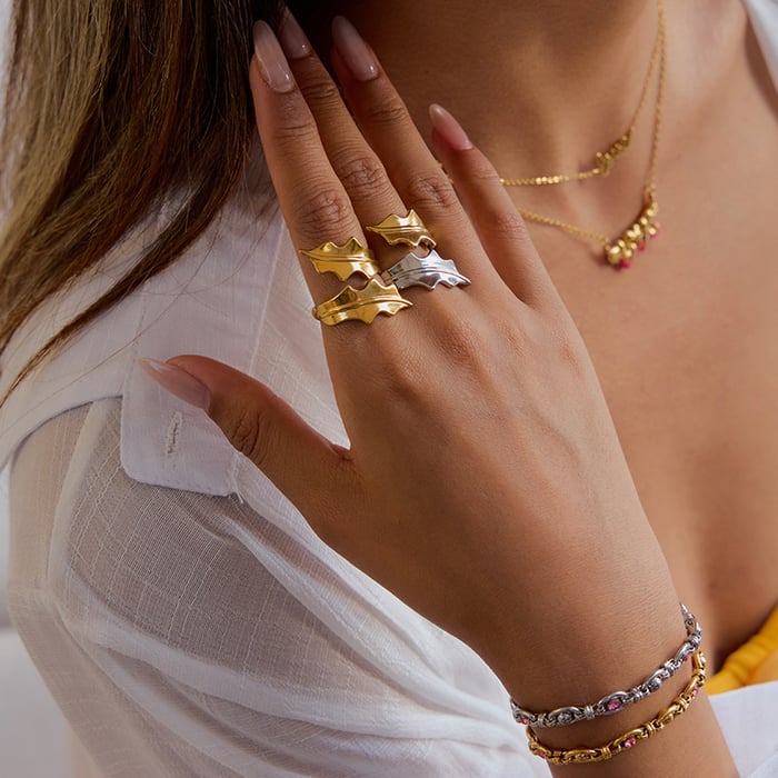 1 Piece Designable Series Natural Leaf Stainless Steel Gold Color Statement Rings h5Picture4