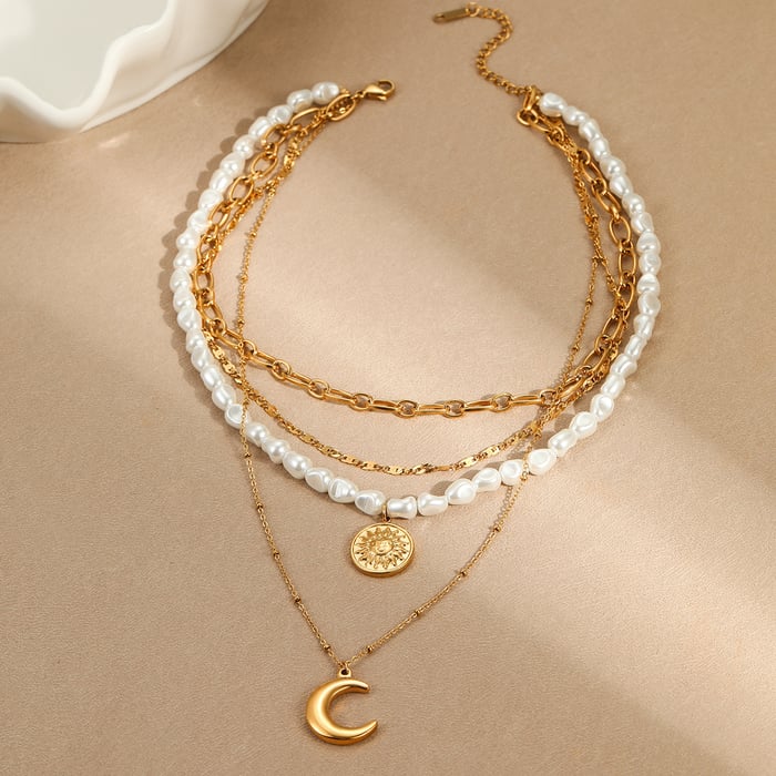Elegant Geometric Stainless Steel Gold Color Women's Layered Necklaces h5Picture2