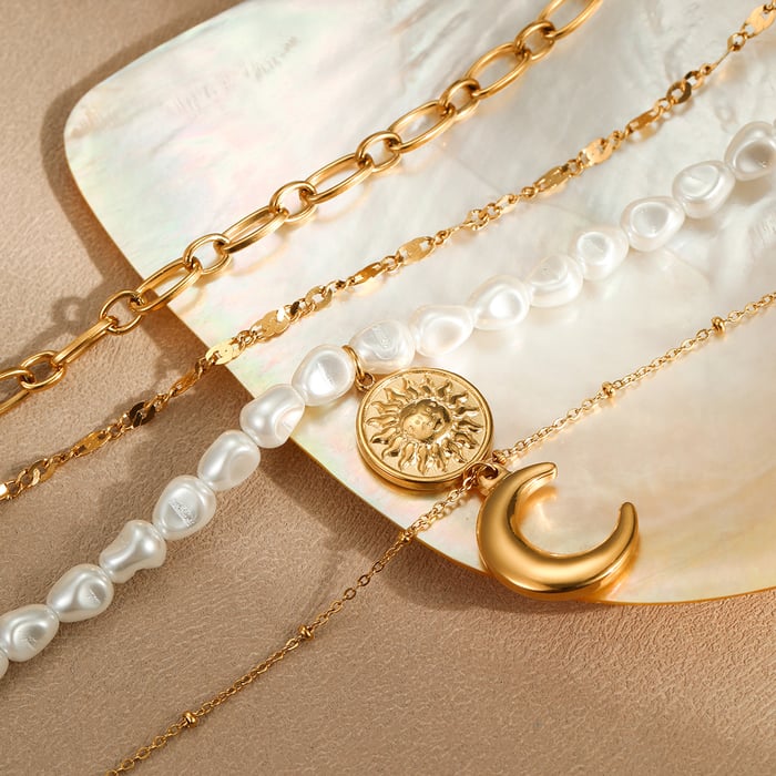 Elegant Geometric Stainless Steel Gold Color Women's Layered Necklaces h5Picture3