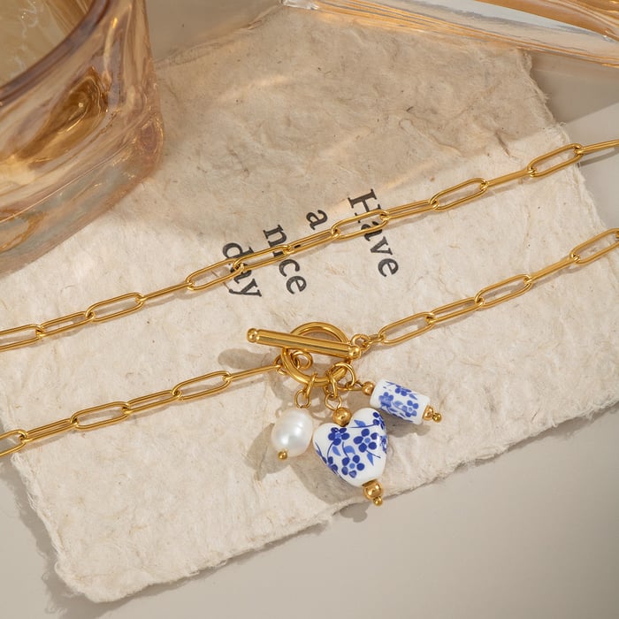 1 Piece Ceramic Flower Stainless Steel Gold Color Pendant Necklace h5Picture2