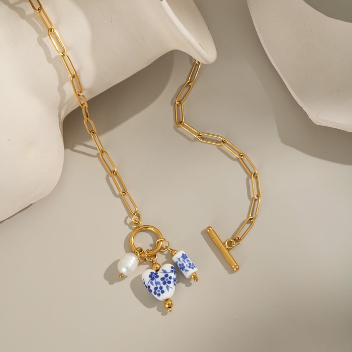 1 Piece Ceramic Flower Stainless Steel Gold Color Pendant Necklace h5Picture3