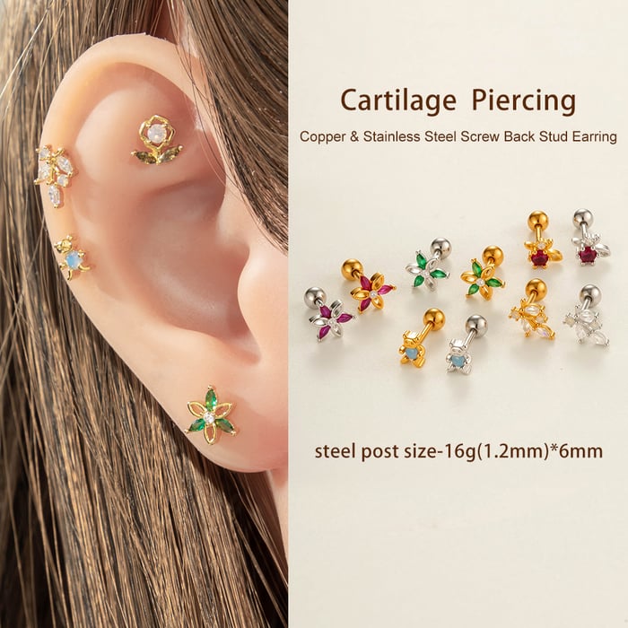1 Piece Simple Flower Copper Gold Color Zircon Women's Piercings Earrings h5Picture5