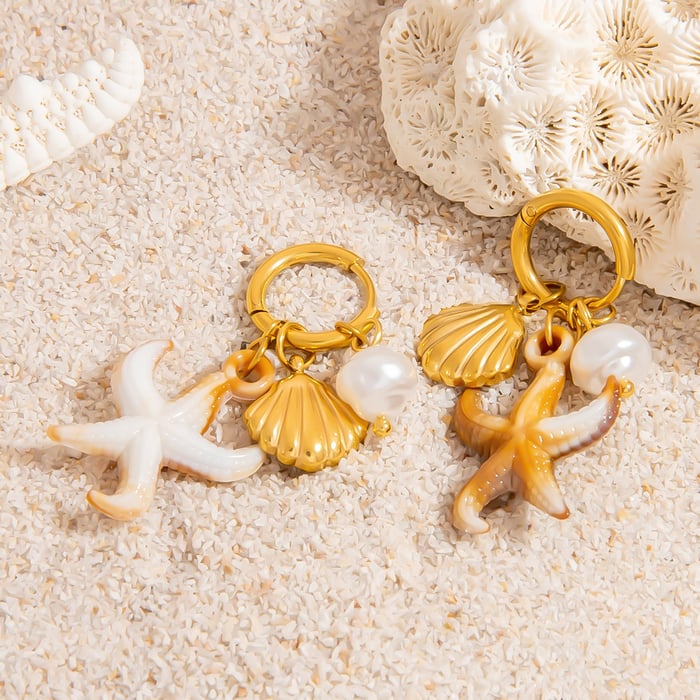 1 Pair Oceanic Stainless Steel Gold Color Shell Drop Earrings h5Picture4