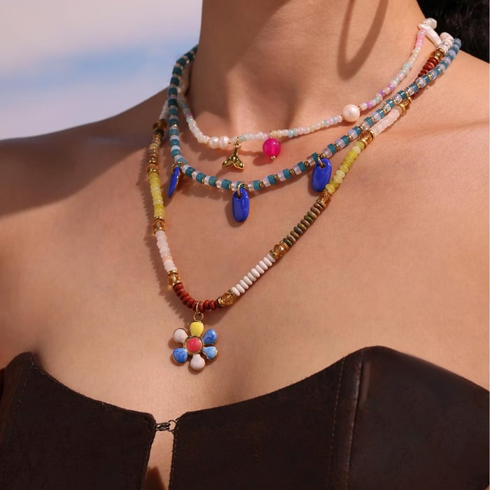 1 Piece Bohemian Flower Natural Stones Gold Color Women's Beaded Necklaces Picture3