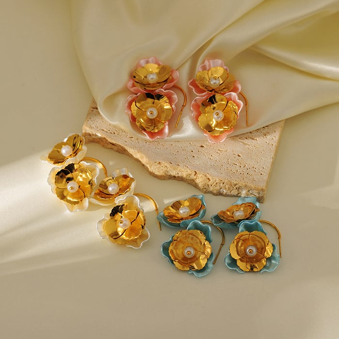 1 Pair Romantic Series Retro Flower Stainless Steel  Gold Color Drop Earrings h5Picture3
