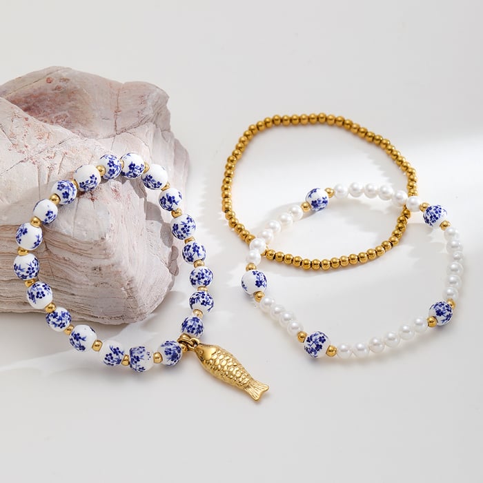 Bracelet de perles pour femme, série classique, élégant, en céramique, couleur or, motif floral h5Image3
