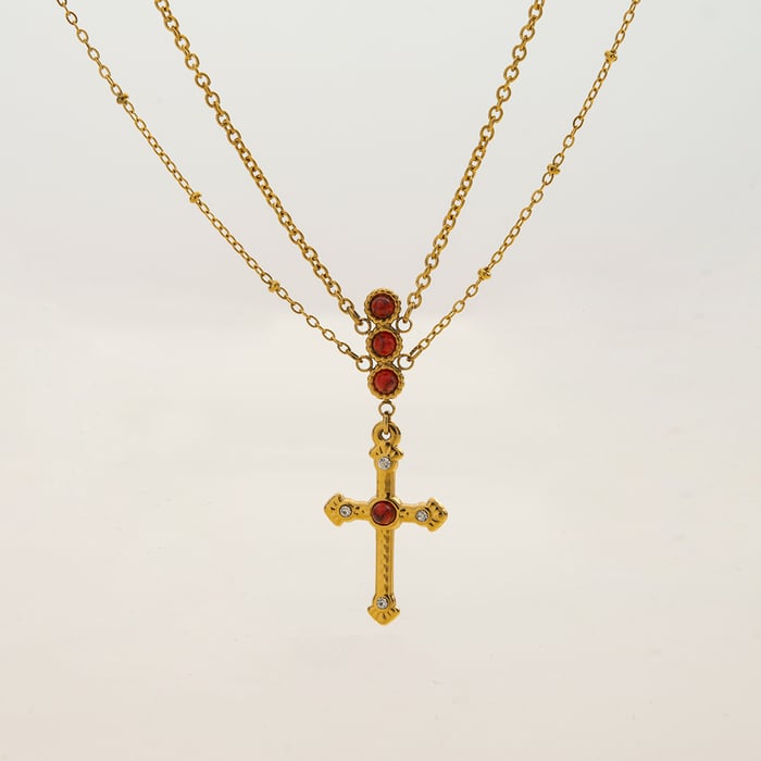 1 Piece Luxurious Cross Red Stainless Steel Gold Color Women's Layered Necklaces h5Picture6