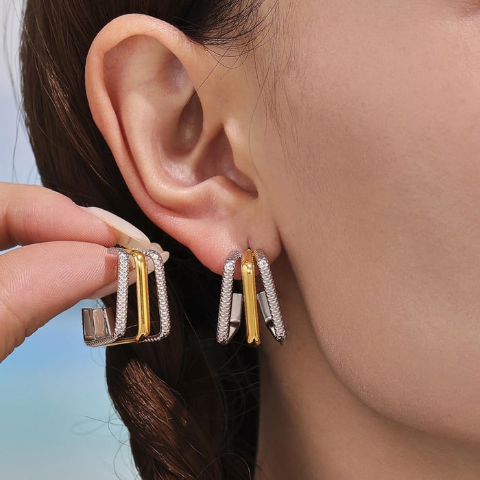1 Pair Minimalist Rectangle Stainless Steel Gold Color Women's Hoop Earrings h5Picture2