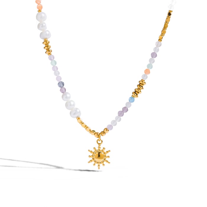1 Piece Polychrome Beads Sun Stainless Steel Gold Color Women's Pendant Necklaces 