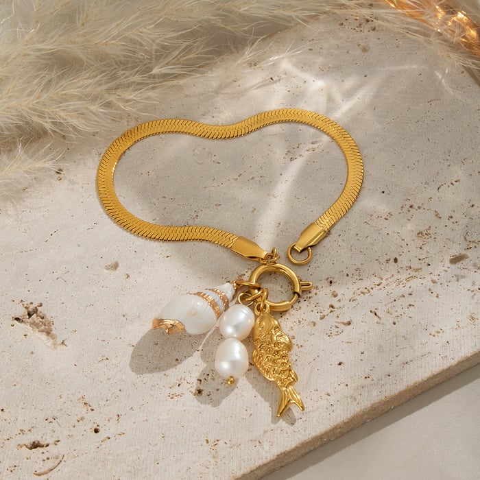 Pulsera de cuentas de acero inoxidable dorado con diseño de pez para mujer, 1 pieza Imagen5