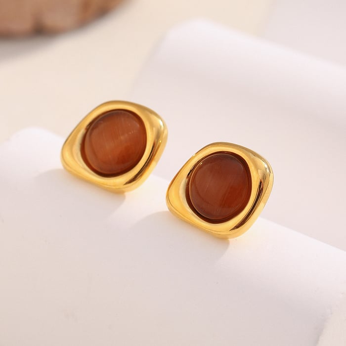 1 Pair Classic Annular Natural Stone Stainless Steel Gold Color Women's Stud Earrings h5Picture6
