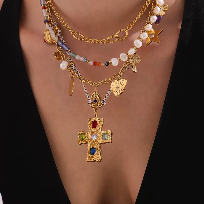 1 Piece Classic Cross Pearl Beads Stainless Steel Gold Color Zircon Women's Pendant Necklaces h5Picture3