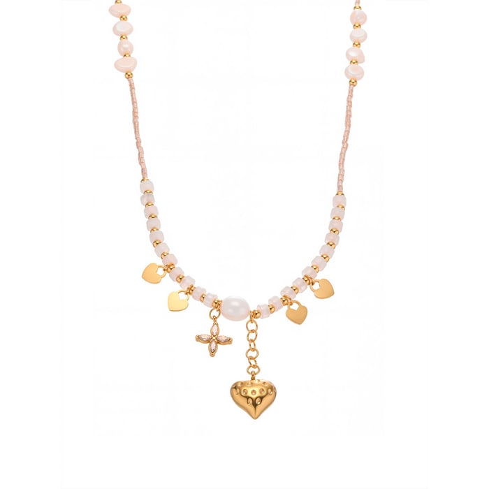 1 Piece Elegant Heart Natural Stones&Pearl Gold Color Women's Beaded Necklaces
