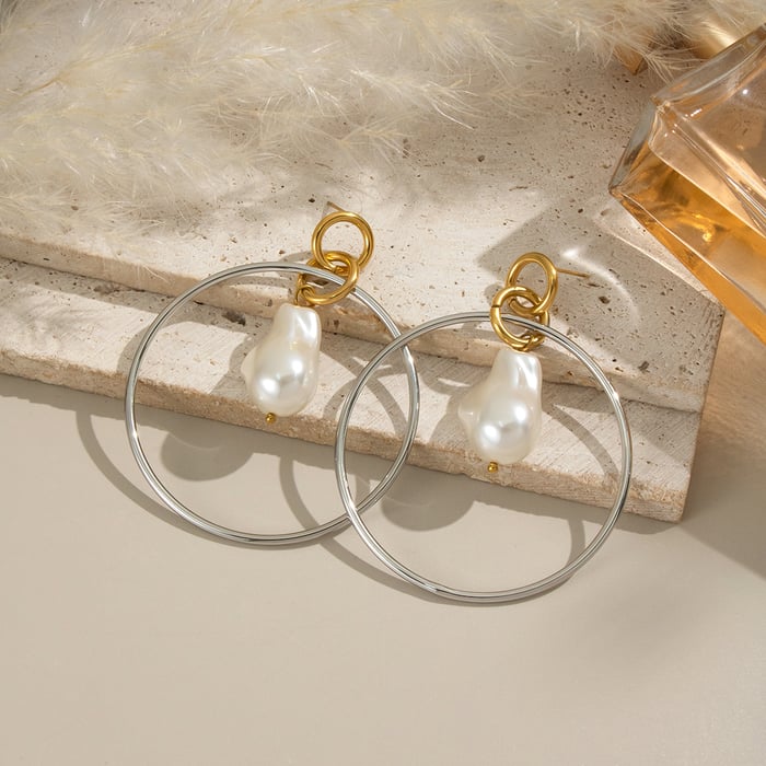 1 Pair Circle Stainless Steel Gold Color Pearl Drop Earrings Picture3