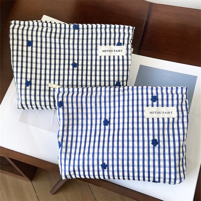 1 Stück karierte blau getönte bestickte kleine Blumen-Kosmetiktasche für Damen h5Bild3