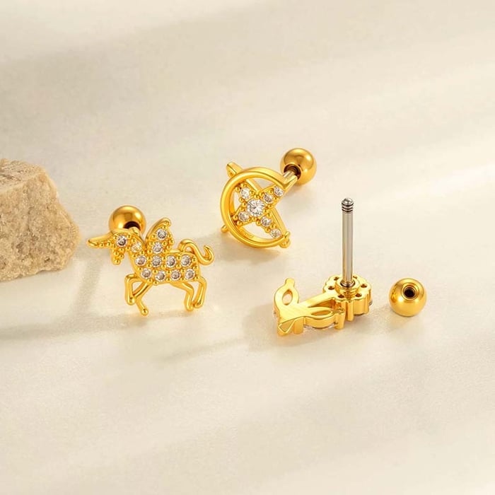 1 Piece Designable Unicorn Copper Gold Color Zircon Women's Piercing Earrings h5Picture3