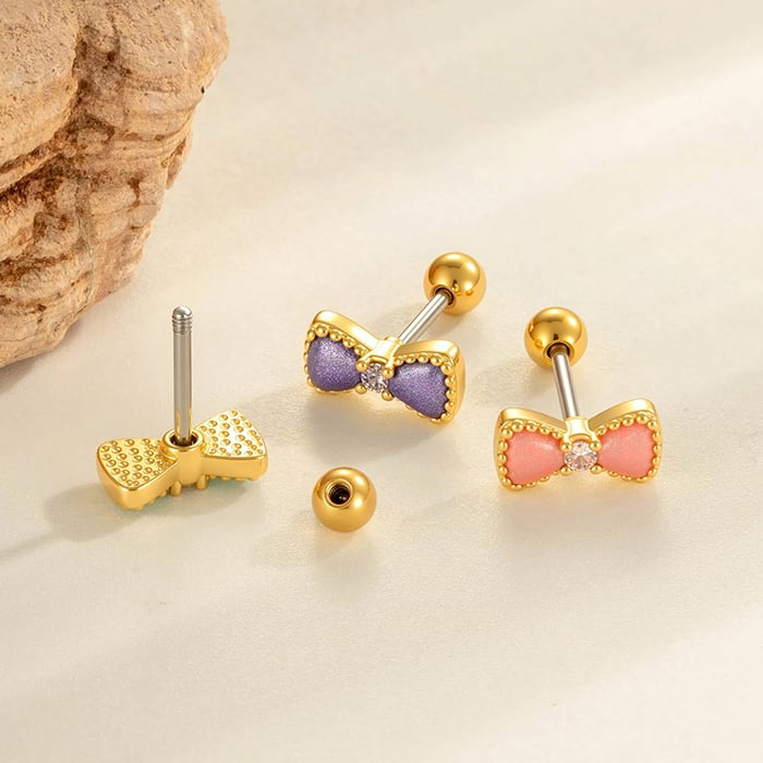 1 Piece Polychrome Bow Knot Copper Gold Color Zircon Women's Piercing Earrings h5Picture3