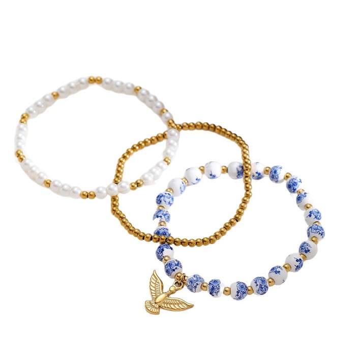 Pulseras de cuentas clásicas y elegantes de cerámica con flores en color dorado para mujer, 1 pieza h5Imagen5