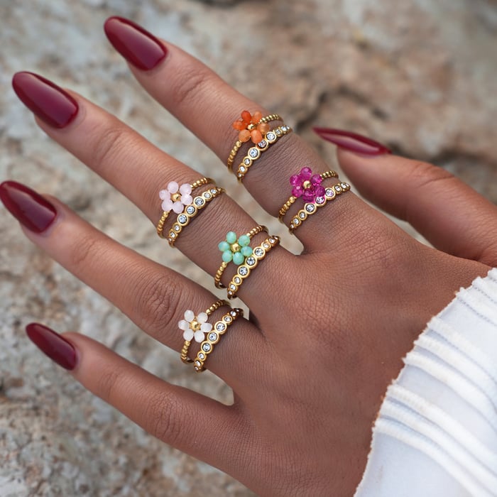 1 Piece Casual Flower Woven Stainless Steel  Gold Color  Beaded Rings h5Picture9