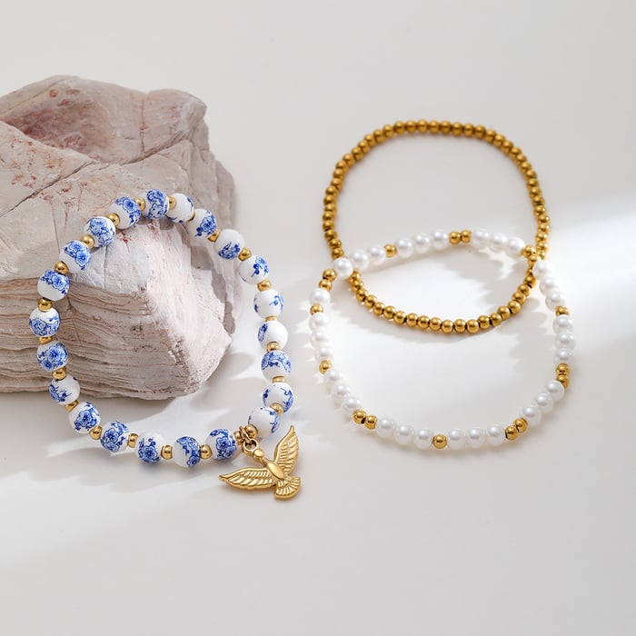 Pulseras de cuentas clásicas y elegantes de cerámica con flores en color dorado para mujer, 1 pieza h5Imagen2
