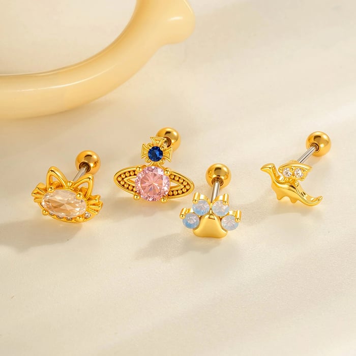 1 Piece Planet Copper Gold Color Zircon Women's Piercing Earrings h5Picture4