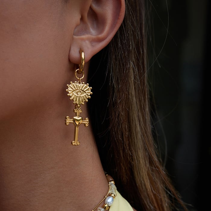 1 Pair Retro Heart&Cross Stainless Steel Gold Color Women's Drop Earrings Picture5