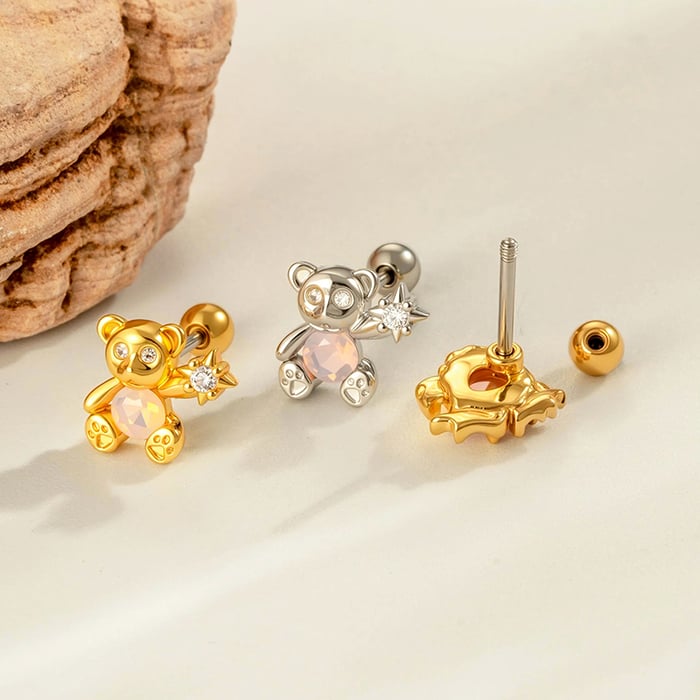 1 Piece Sweet Bear Copper Gold Color Zircon Women's Piercing Earrings h5Picture3