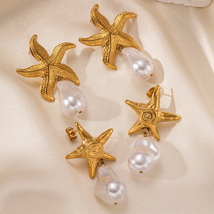1 Pair Starfish Stainless Steel  Gold Color Drop Earrings h5Picture3
