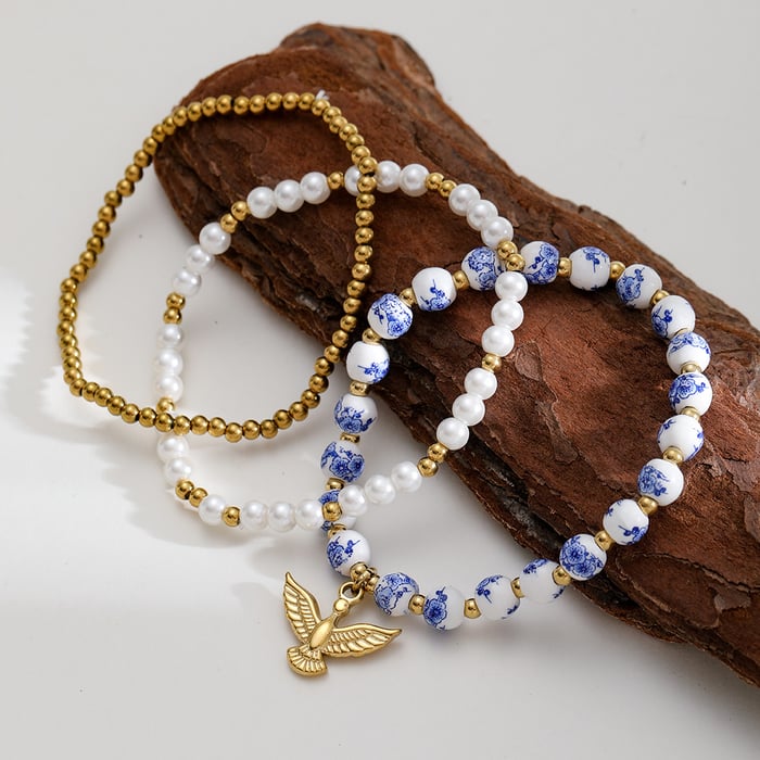 Pulseras de cuentas clásicas y elegantes de cerámica con flores en color dorado para mujer, 1 pieza h5Imagen4