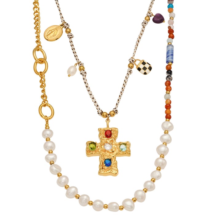 1 Piece Classic Cross Pearl Beads Stainless Steel Gold Color Zircon Women's Pendant Necklaces h5Picture7