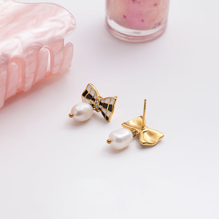 1 Pair Cute Bow Knot Stainless Steel Gold Color Women's Drop Earrings Picture6