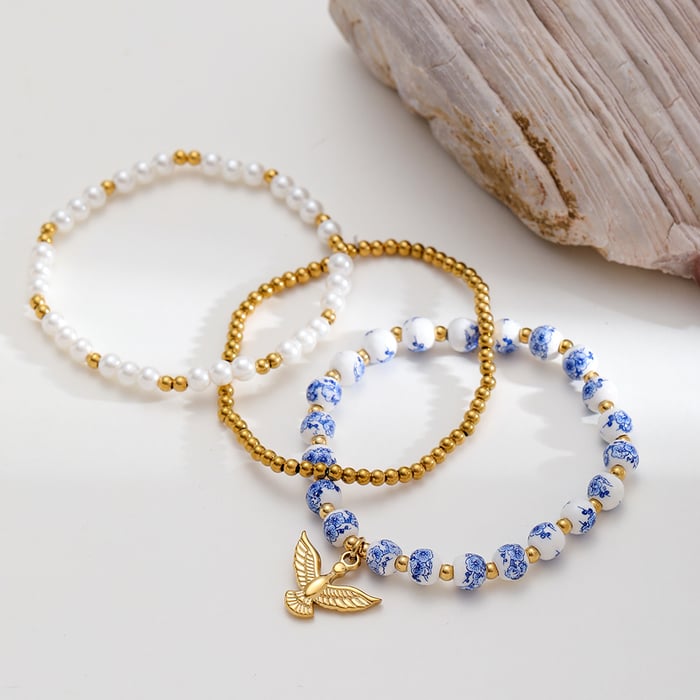 Pulseras de cuentas clásicas y elegantes de cerámica con flores en color dorado para mujer, 1 pieza h5Imagen3
