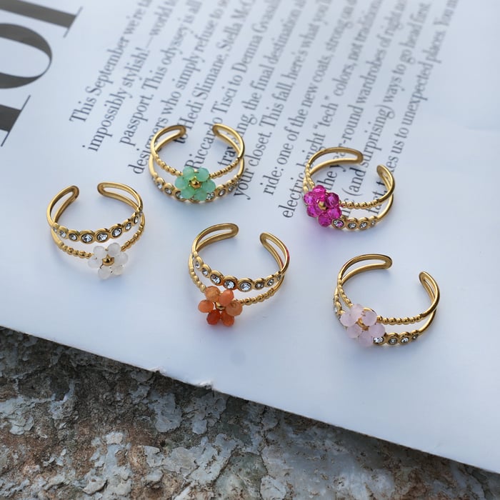 1 Piece Casual Flower Woven Stainless Steel  Gold Color  Beaded Rings h5Picture7