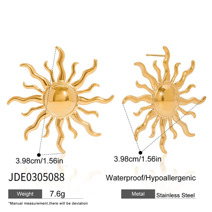 1 Pair Classic Sun Stainless Steel Gold Color Women's Stud Earrings h5Picture2