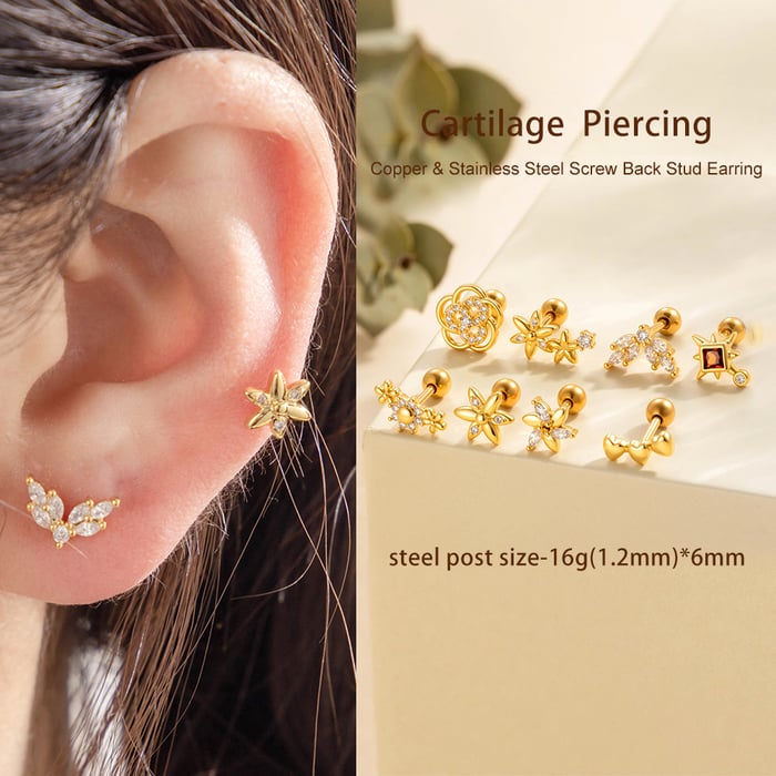 1 Piece Flower Heart Copper Gold Color Zircon Piercing Earring h5Picture4