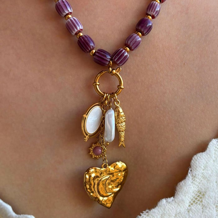1 Piece Retro Heart Stainless Steel Gold Color Beaded Necklace h5Picture3
