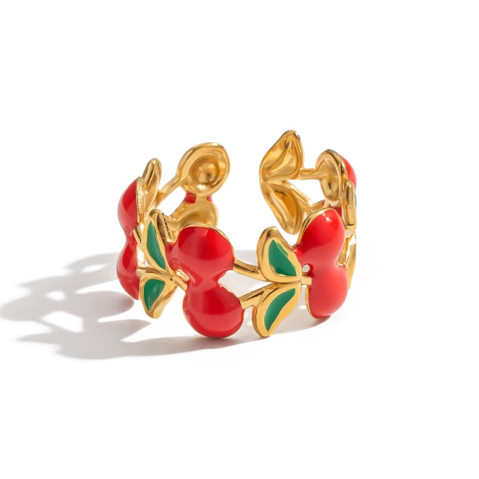 Anillos llamativos de acero inoxidable color dorado con diseño de cereza dulce, serie romántica, 1 pieza Imagen6
