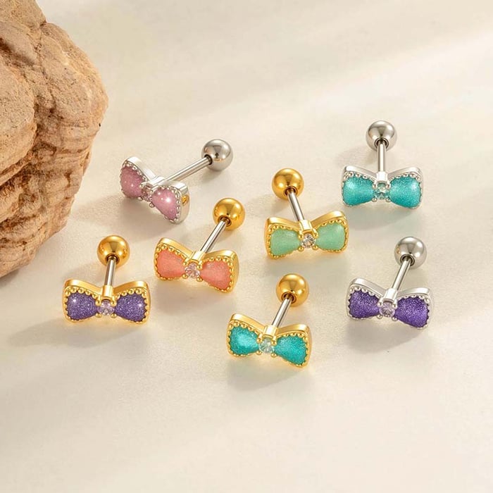 1 Piece Polychrome Bow Knot Copper Gold Color Zircon Women's Piercing Earrings h5Picture4