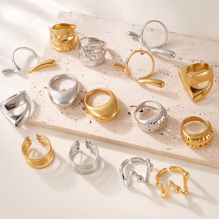 1 Stück moderne Statement-Ringe aus Edelstahl in unregelmäßiger Form, Farbe Gold h5Bild7
