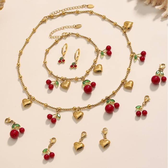 1 Piece Vivid Cherry Stainless Steel Gold Color Women's Jewelry Sets h5Picture8