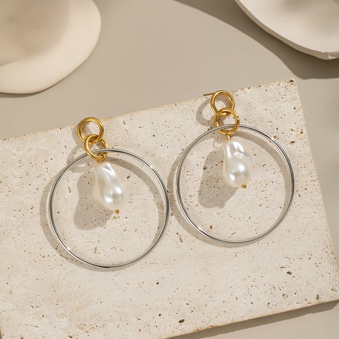 1 Pair Circle Stainless Steel Gold Color Pearl Drop Earrings Picture5