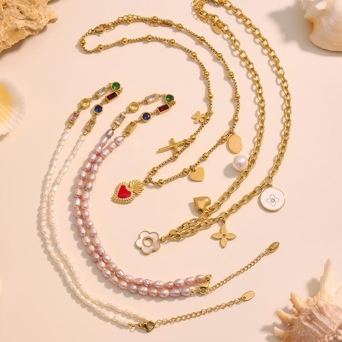 1 Piece Elegant Flower Stainless Steel Zircon Pearl Beads Women's Pendant Necklaces h5Picture6