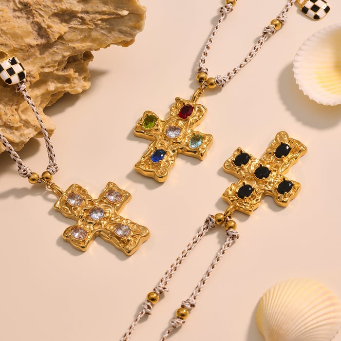 1 Piece Classic Cross Pearl Beads Stainless Steel Gold Color Zircon Women's Pendant Necklaces h5Picture6