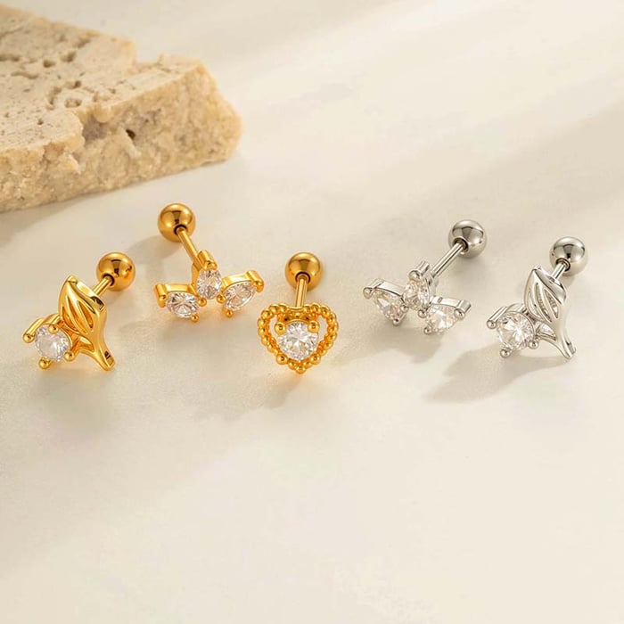 1 Piece Shinning Leaf Copper Gold Color Zircon Women's Piercing Earrings h5Picture4