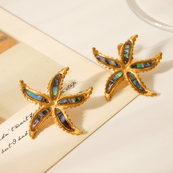 1 par de pendientes sencillos de estrella de mar de acero inoxidable color dorado para mujer h5Imagen7