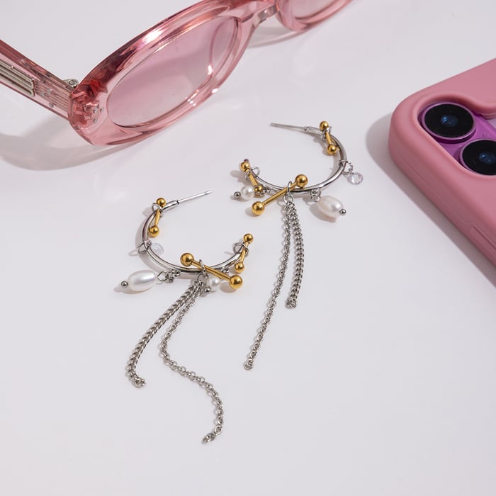 1 paio di orecchini pendenti da donna in acciaio inossidabile con nappe di lusso, color oro e argento h5Immagine5