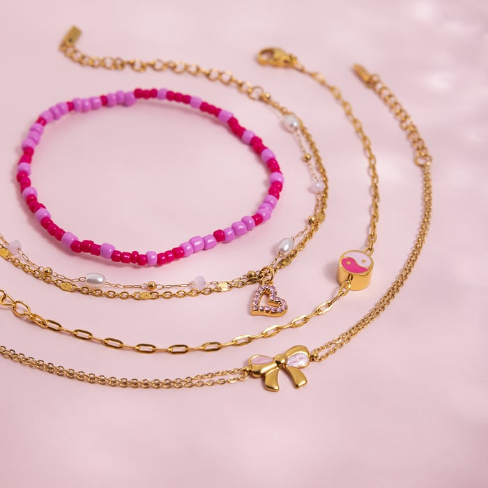 Bracelet à breloques romantique en acier inoxydable doré avec cœur rose pour femme, 1 pièce h5Image5