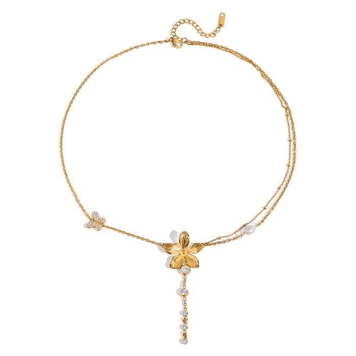 1 Piece Exquisite Flower Tassels Stainless Steel Gold Color Women's Pendant Necklaces
