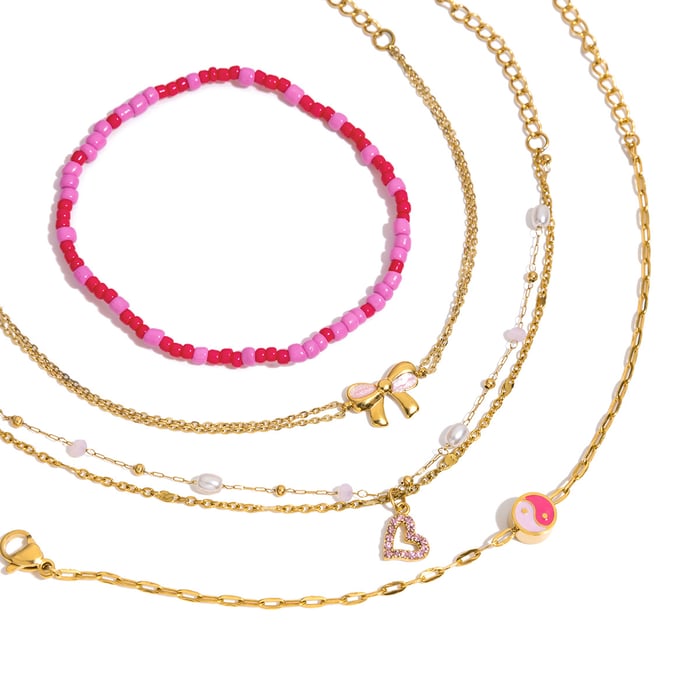 Bracelet à breloques romantique en acier inoxydable doré avec cœur rose pour femme, 1 pièce h5Image7